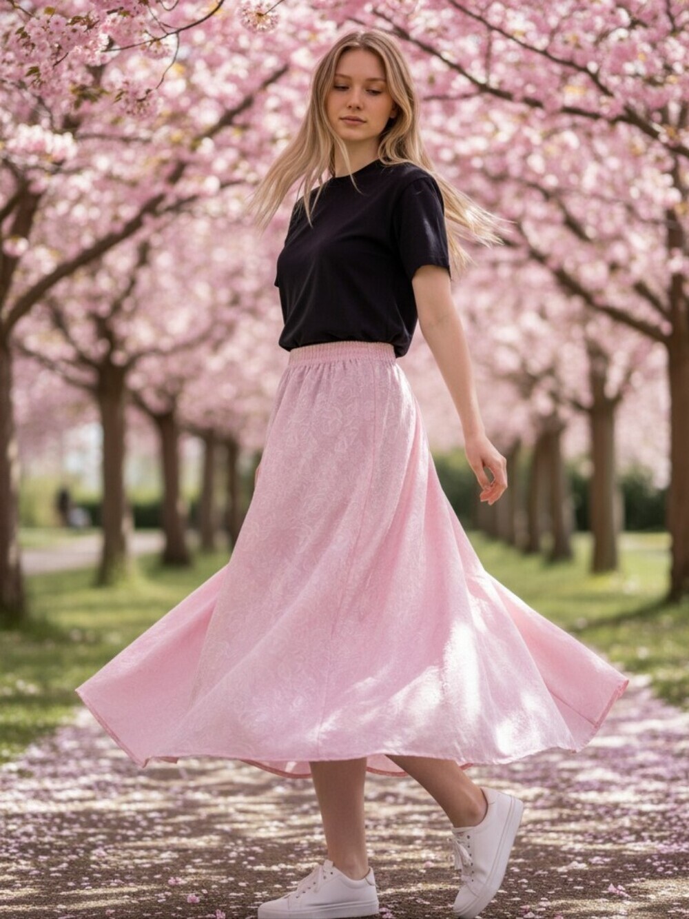 Vintage Pink Twirl Circle Skirt with Elastic Waistband